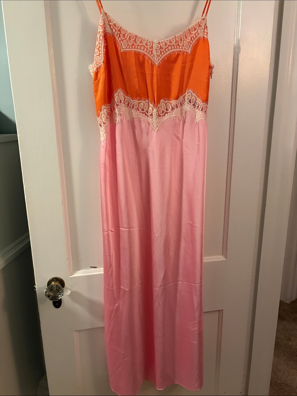 12th Tribe Pink and Orange Satin Midi Slip Dress with Lace Trim